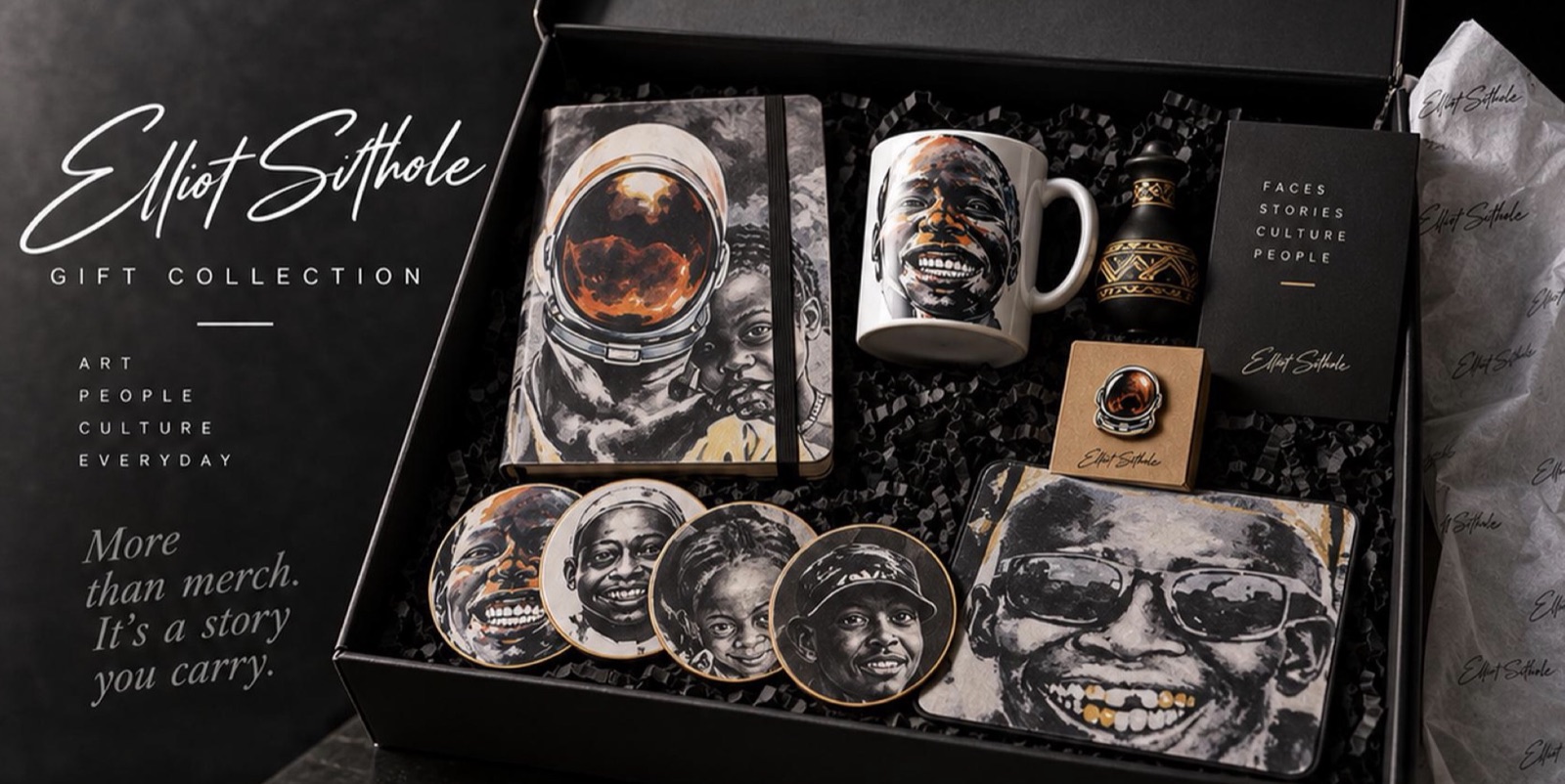 Elliot Sithole gift box with a notebook, mug, coasters, enamel pin, mouse pad and miniature ukhamba
