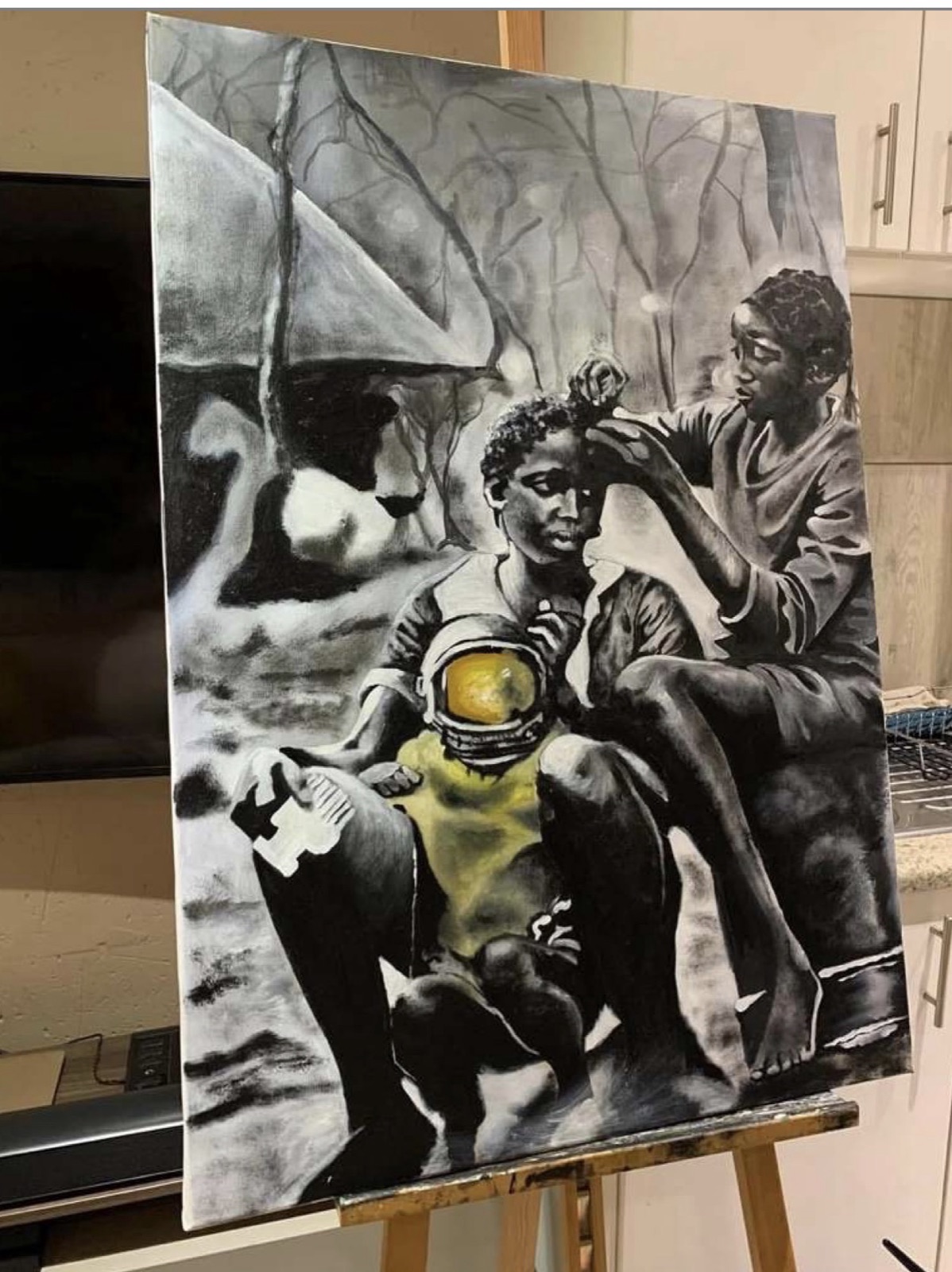 Charcoal-toned painting of a girl having her hair braided, a child in a yellow helmet beside her