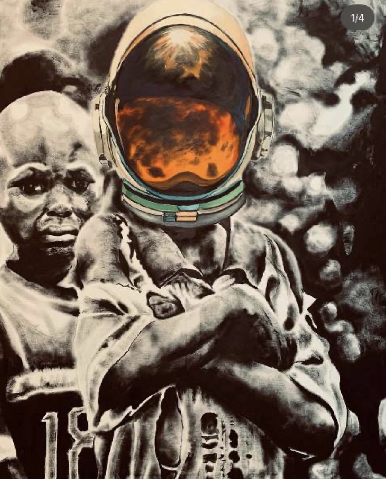 Painting of a child in an astronaut helmet with arms folded