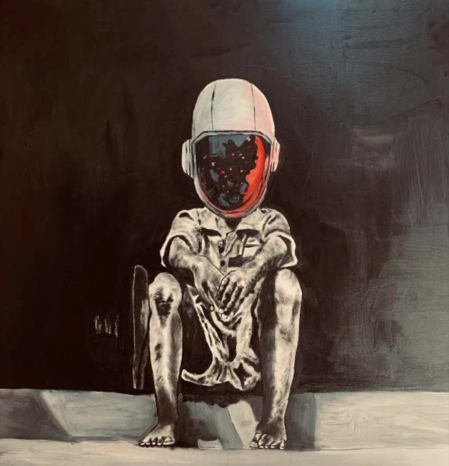 Painting of a barefoot child in a helmet sitting on a step